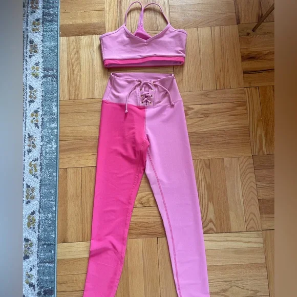 LoveShackFancy Two-Tone Pink Lace-Up High Waist Leggings with Matching Bralette - Picture 1 of 4